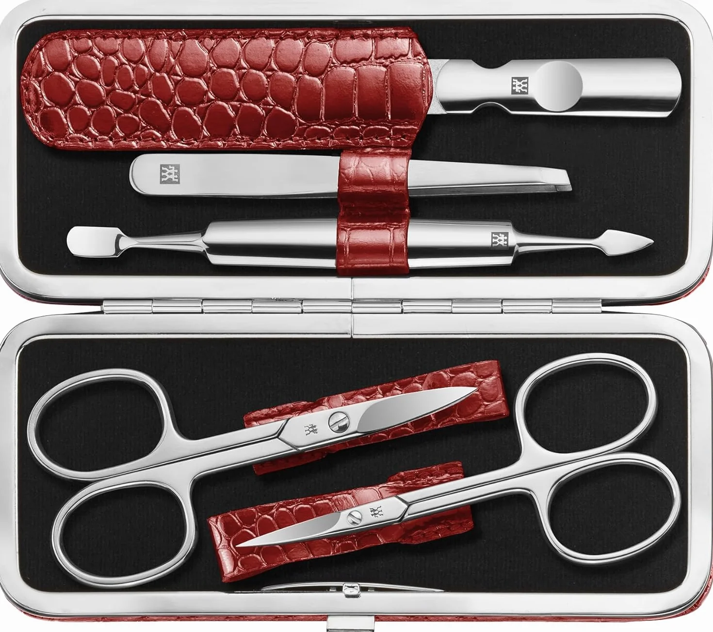 ZWILLING Set manicure (5 pezzi, per la cura delle unghie di mani e piedi, custodia in vera pelle con struttura in metallo), acciaio inox lucido, edizione coccodrillo, rosso