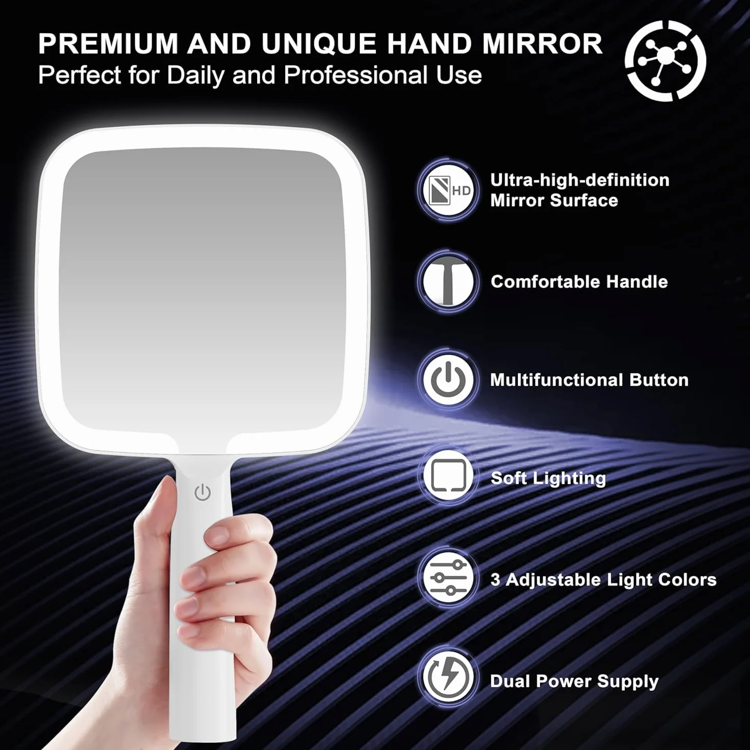 Auxmir Specchio a Mano LED, Specchio Trucco con Luci, 50 LED e 3 Colori di Luci, Luminosità Regaolabile, Controllo Tatile, Specchio Portatile con Maniglia Comoda per Salone, Parrucchiere, Barbiere