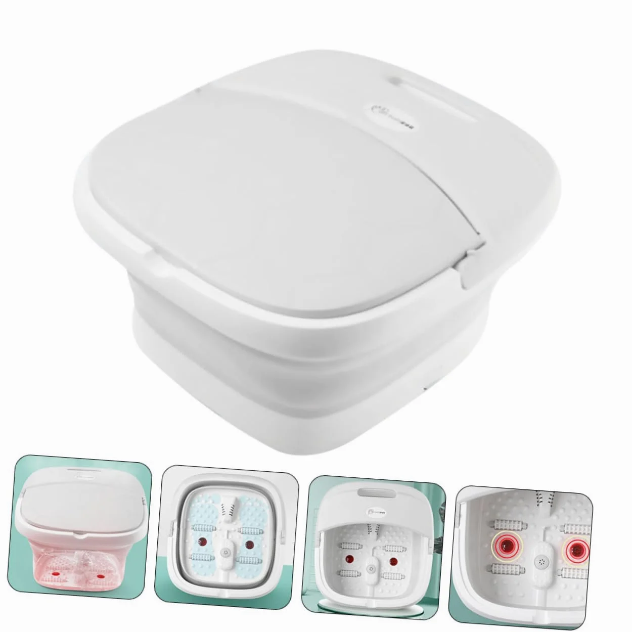 Catino Pediluvio Pieghevole Bianco in Pp e Ptr Coperchio | Leggero e Facile da Trasportare, Si Ripiega per Viaggio, Include Massaggiatore Plantare