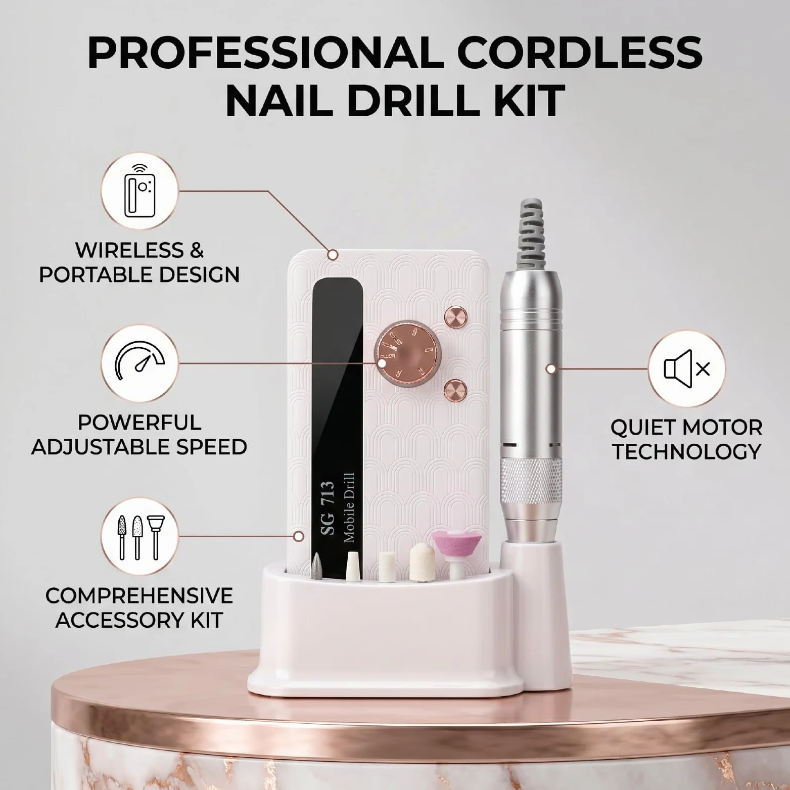 Generic Lima per Unghie Wireless con velocità Regolabile e Kit Completo di Accessori per Uso Domestico e in Viaggio Design Leggero (DMJTZ-SG713-Bianco)