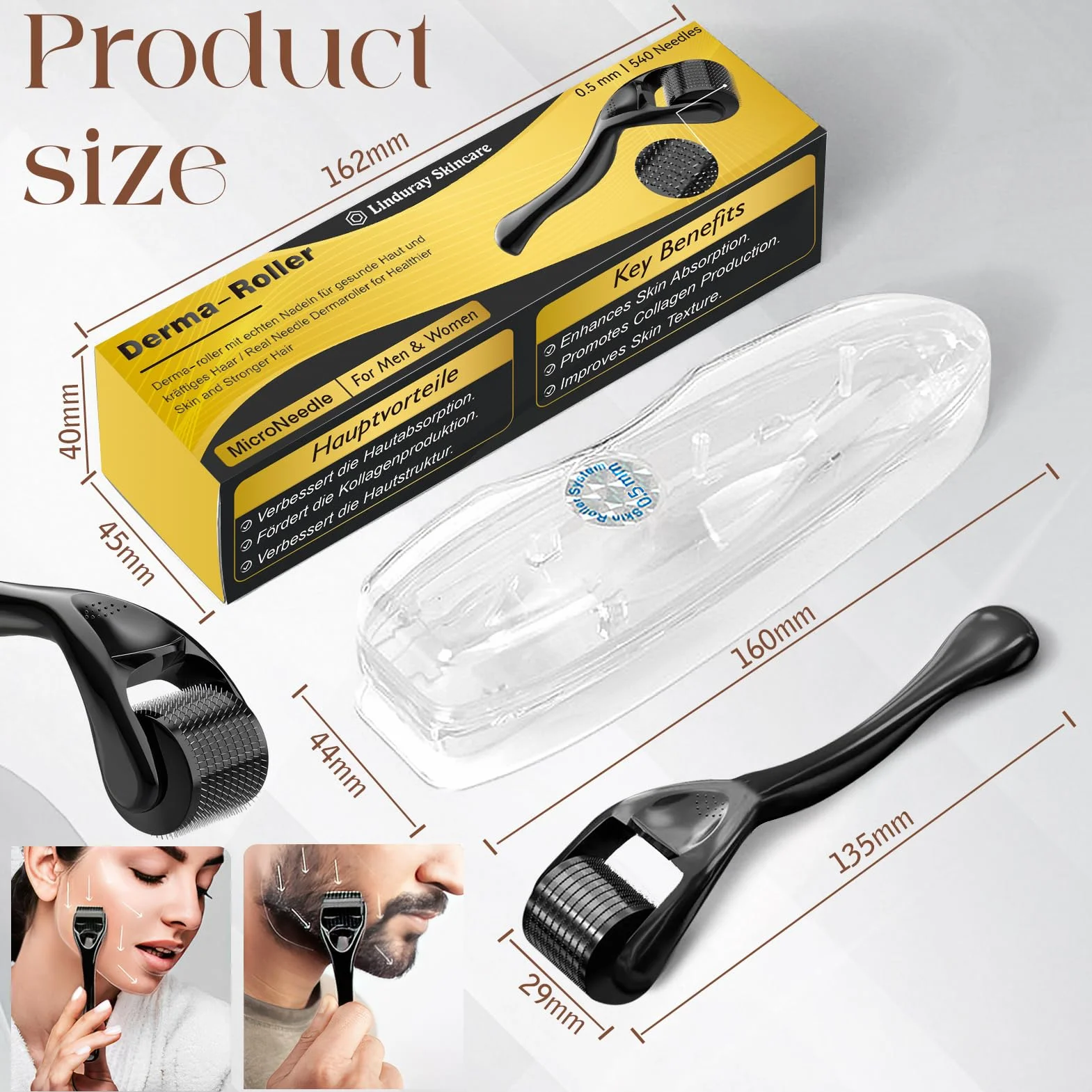 Dermaroller Capelli 540-Aghi Rullo Derma 0,5 mm Nero per Crescita Dei Capelli e Trattamento Perdita Capelli