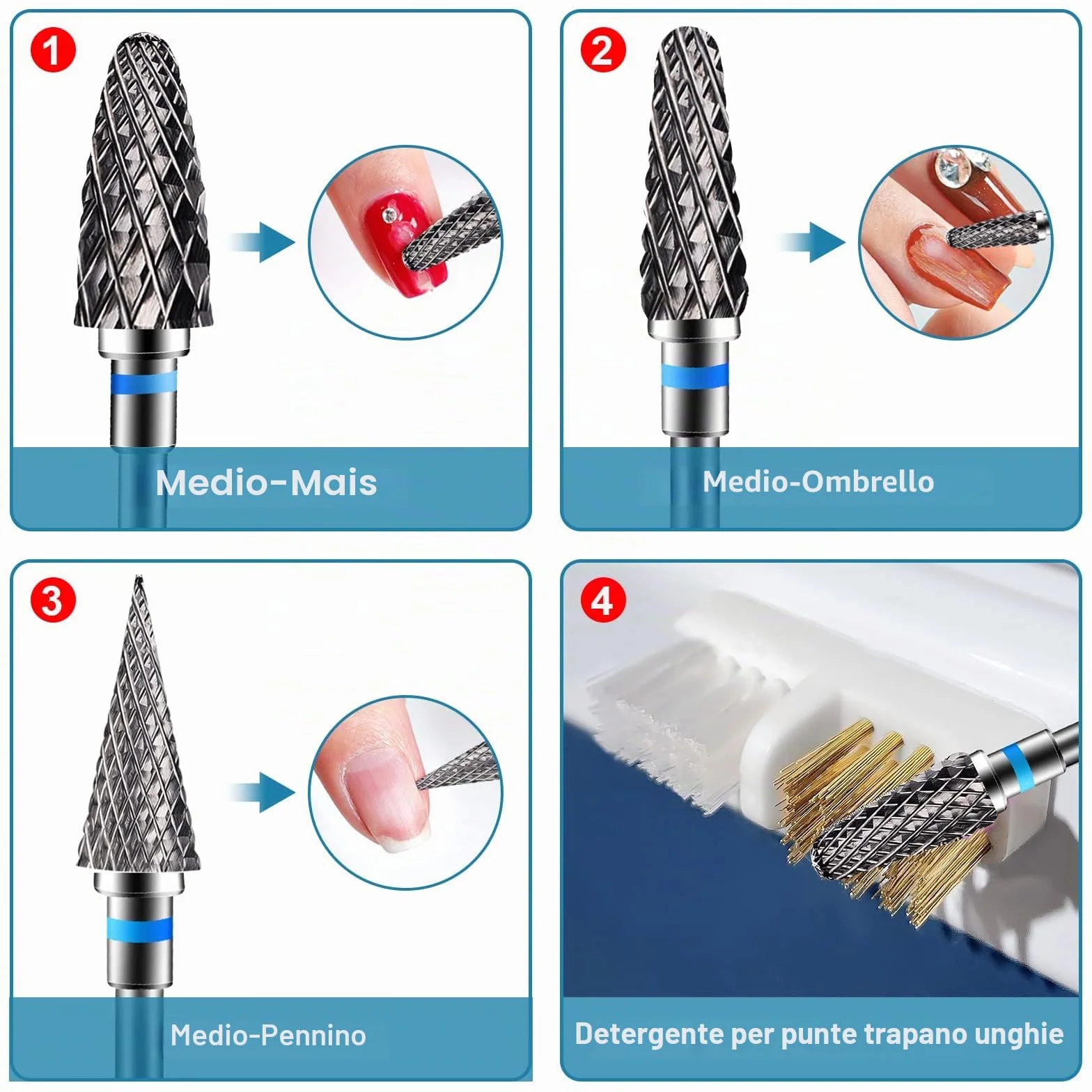 Punte Fresa Unghie Carburo di Tungsteno Grana Media per Rimuovere Gel Acrilico Cuticola, Strumenti Manicure Pedicure 3 Pezzi