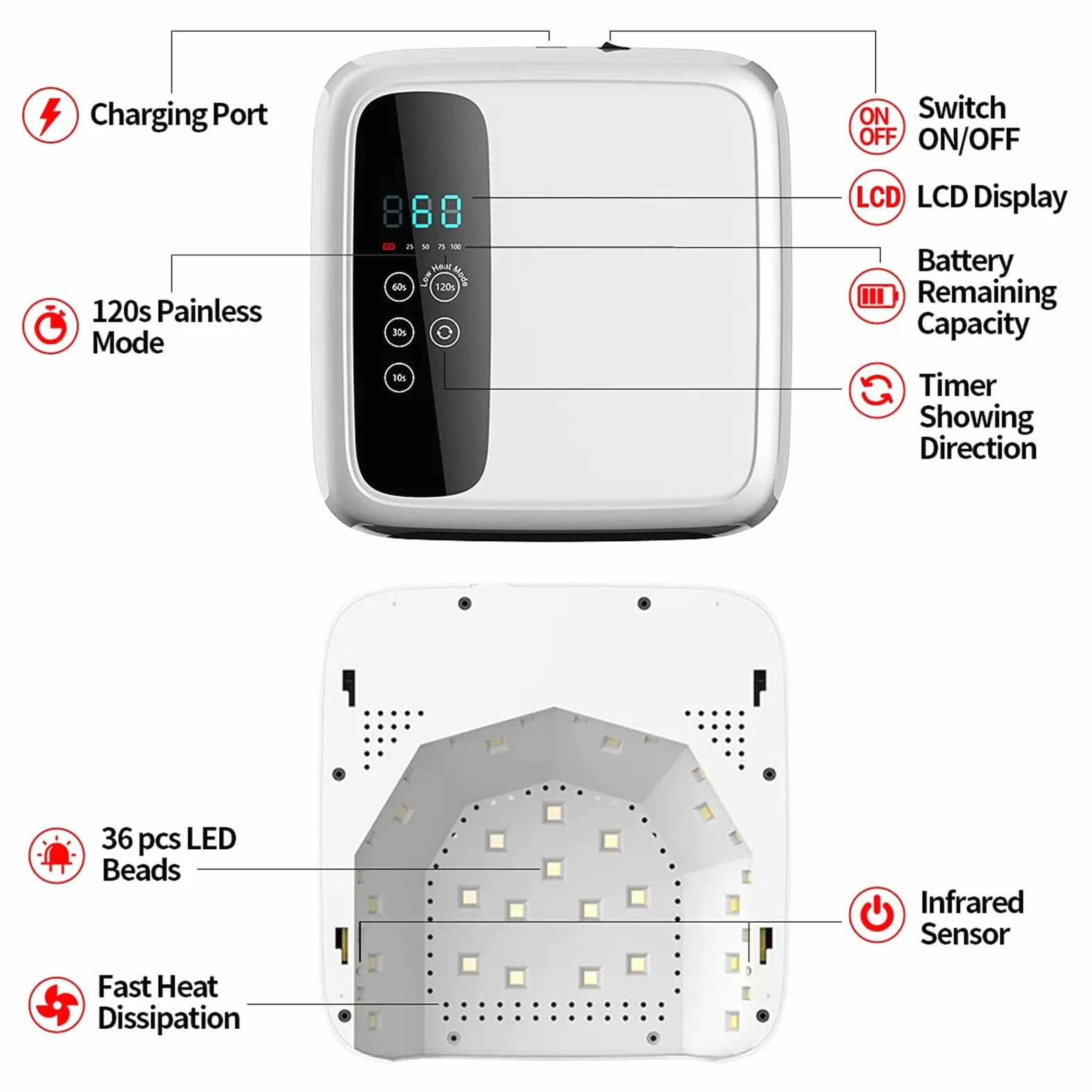 ZYC Lampada per Unghie a LED Senza Fili UV 72W Ricaricabile 15600mAH Lampada arricciacapelli per Smalto Professionale per Unghie in Gel per Tutti Gli smalti per Unghie in Gel