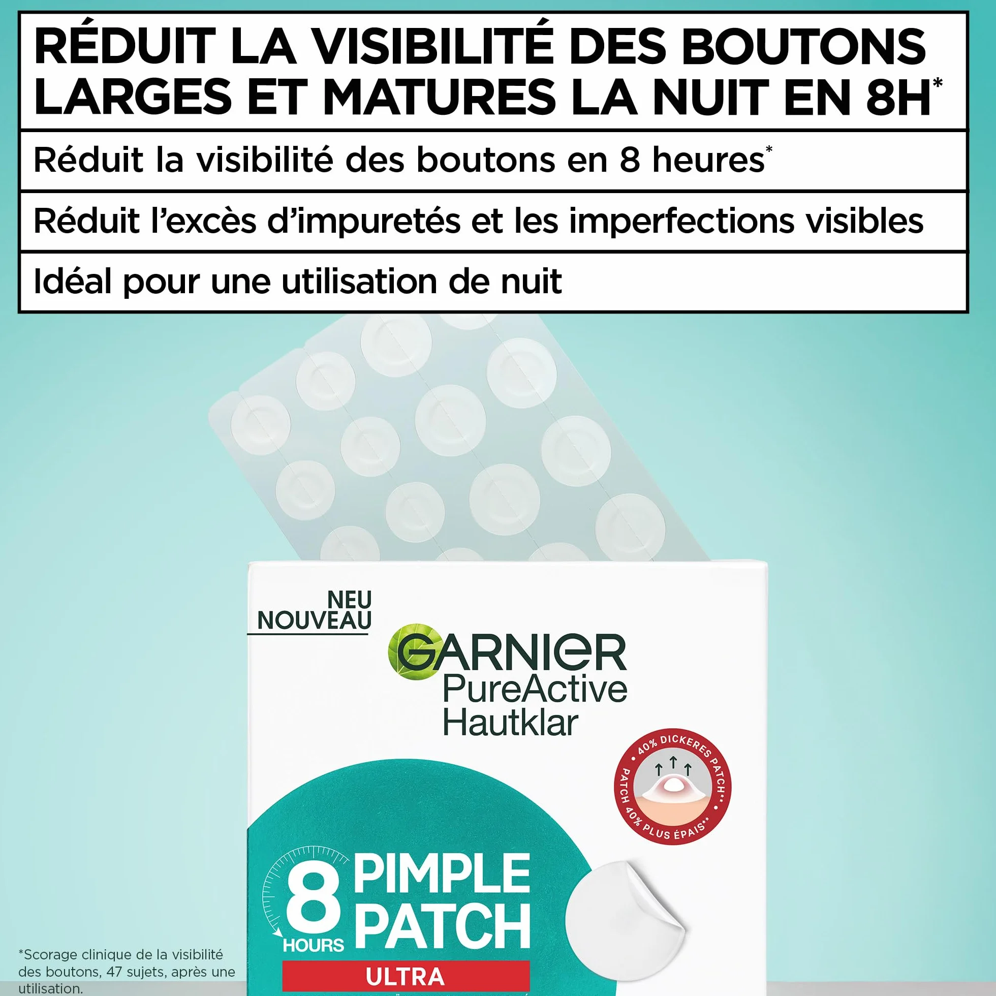 Garnier Pimple Patch 8 ore ULTRA Garnier Pure Active 44 Pezzi - CLINICAMENTE TESTATI: Riducono la visibilità dei brufoli, anche i più grossi. Uso notturno, efficaci in 8 ore