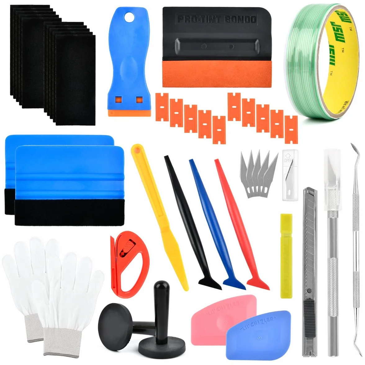 Set di Strumenti per Pellicola Auto 53 Pezzi, Kit Applicazione Nastro Senza Lama 5M, Raschietto, Raclette in Feltro, Nastro in Teflon