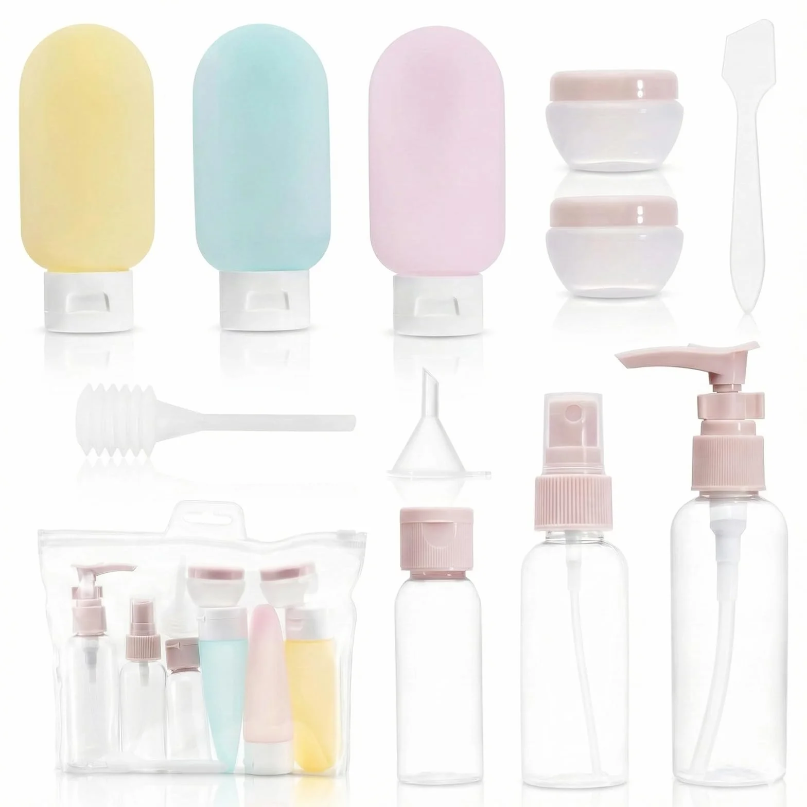 Carehabi Set di 11 kit viaggio liquidi 30/50/60/80 ml, flacone spray trasparente, erogatore pompa shampoo, accessori viaggio per prodotti bagno