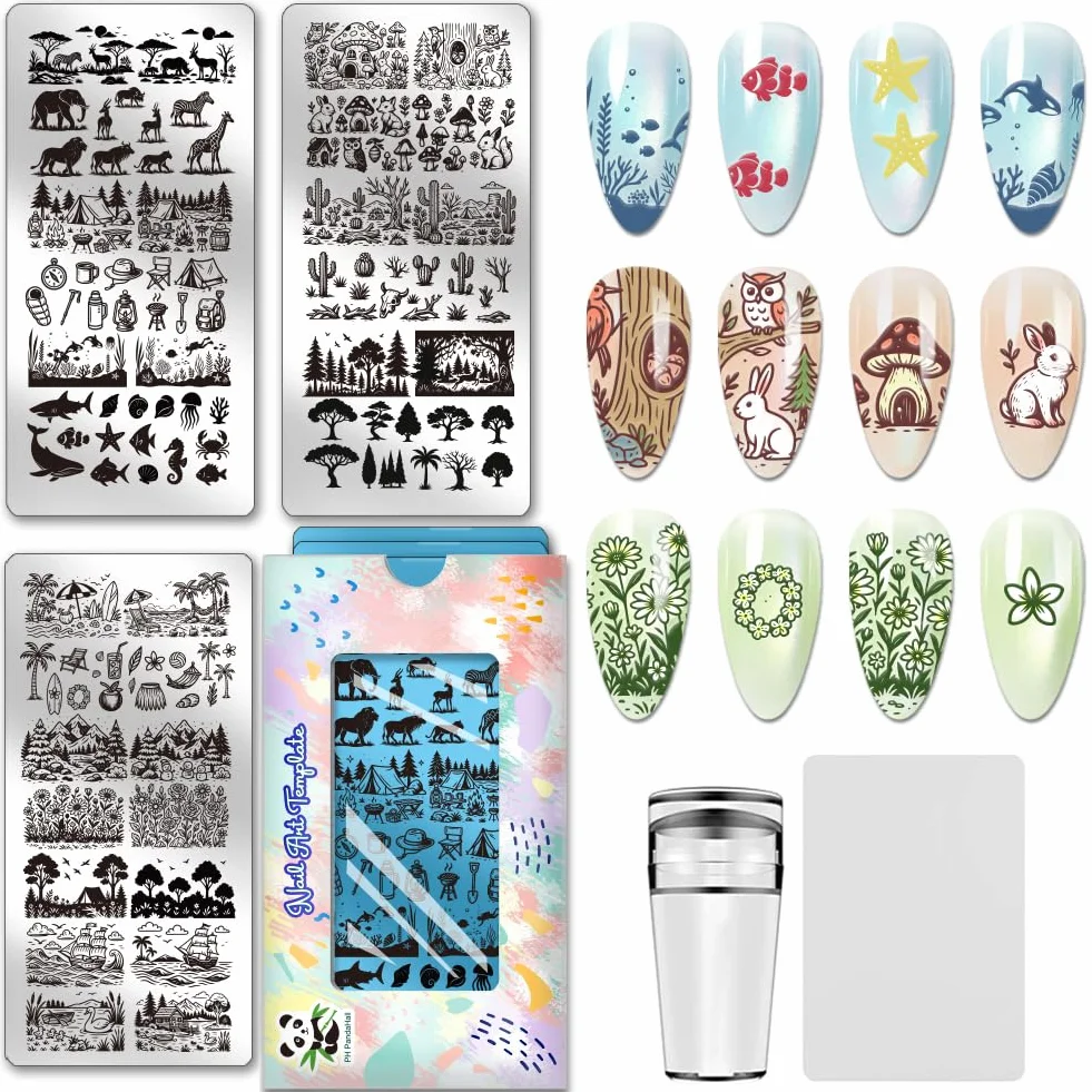 PH PandaHall 3 pezzi di piastre per timbri per unghie con motivi di animali e piante, modelli per nail art con scena di prateria, bellissimi motivi in acciaio inossidabile per stencil artistici per