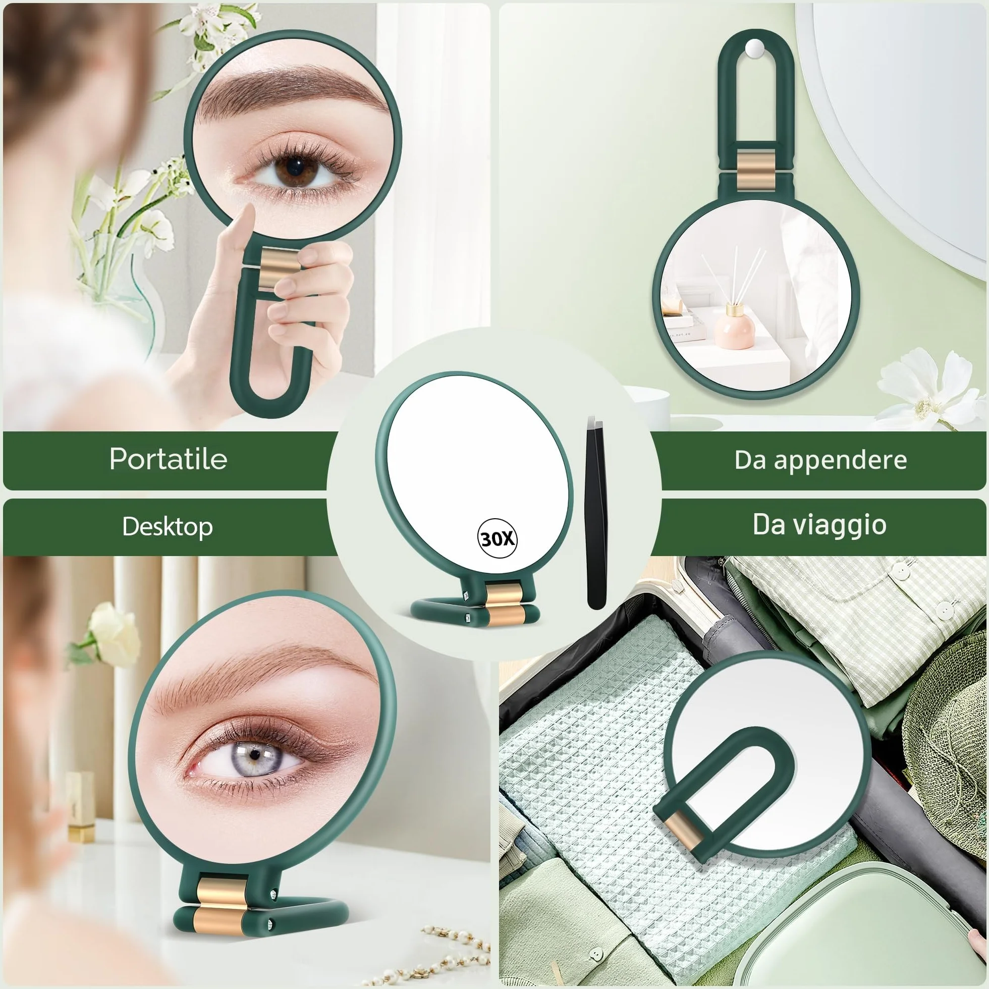 MIYADIVA Specchio ingranditore portatile doppio lato 30X/1X manico regolabile 360° verde