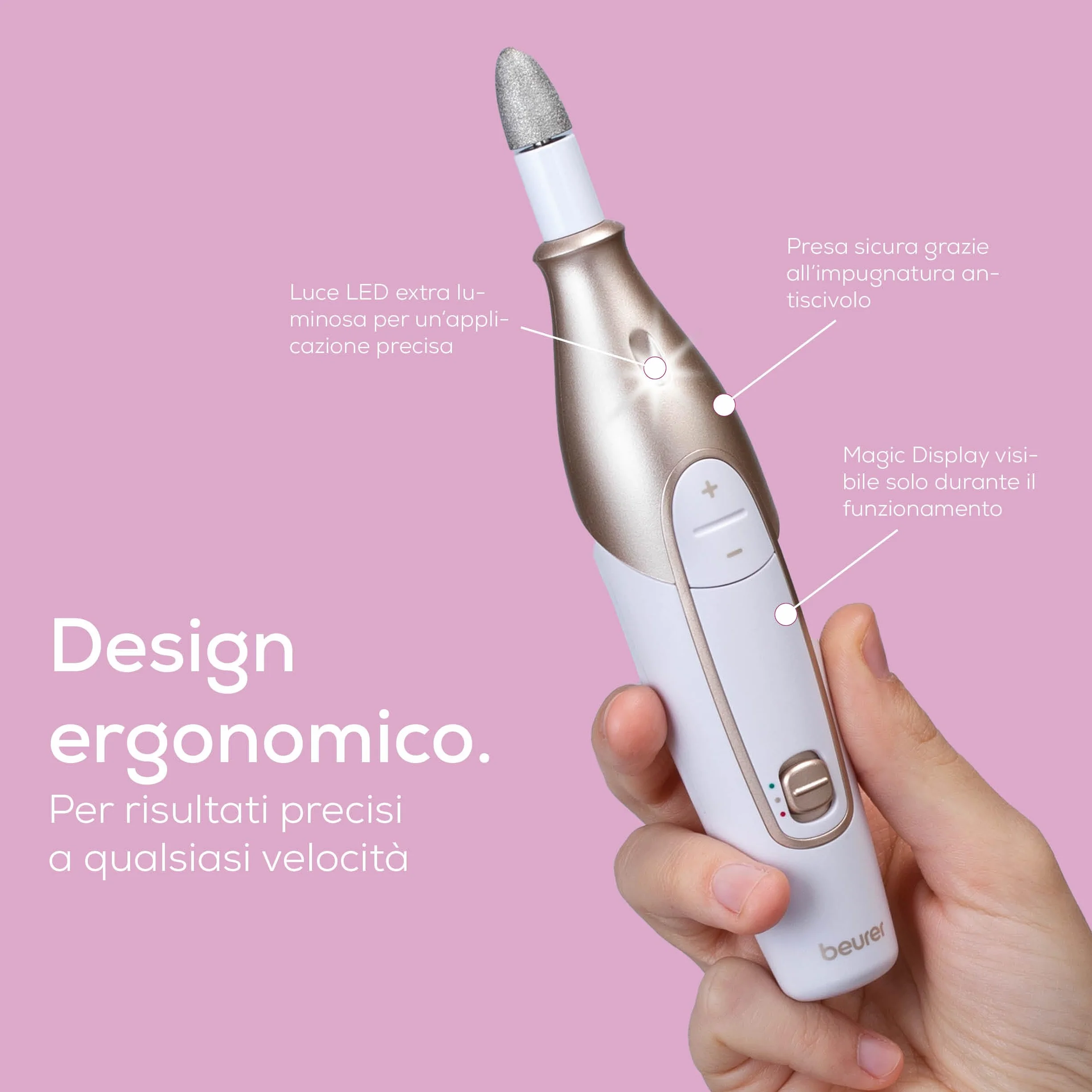 Beurer MP 64 Fresa per Unghie Professionale, 10 Accessori, 4.400 giri/min, Luce LED, Bianco e Oro