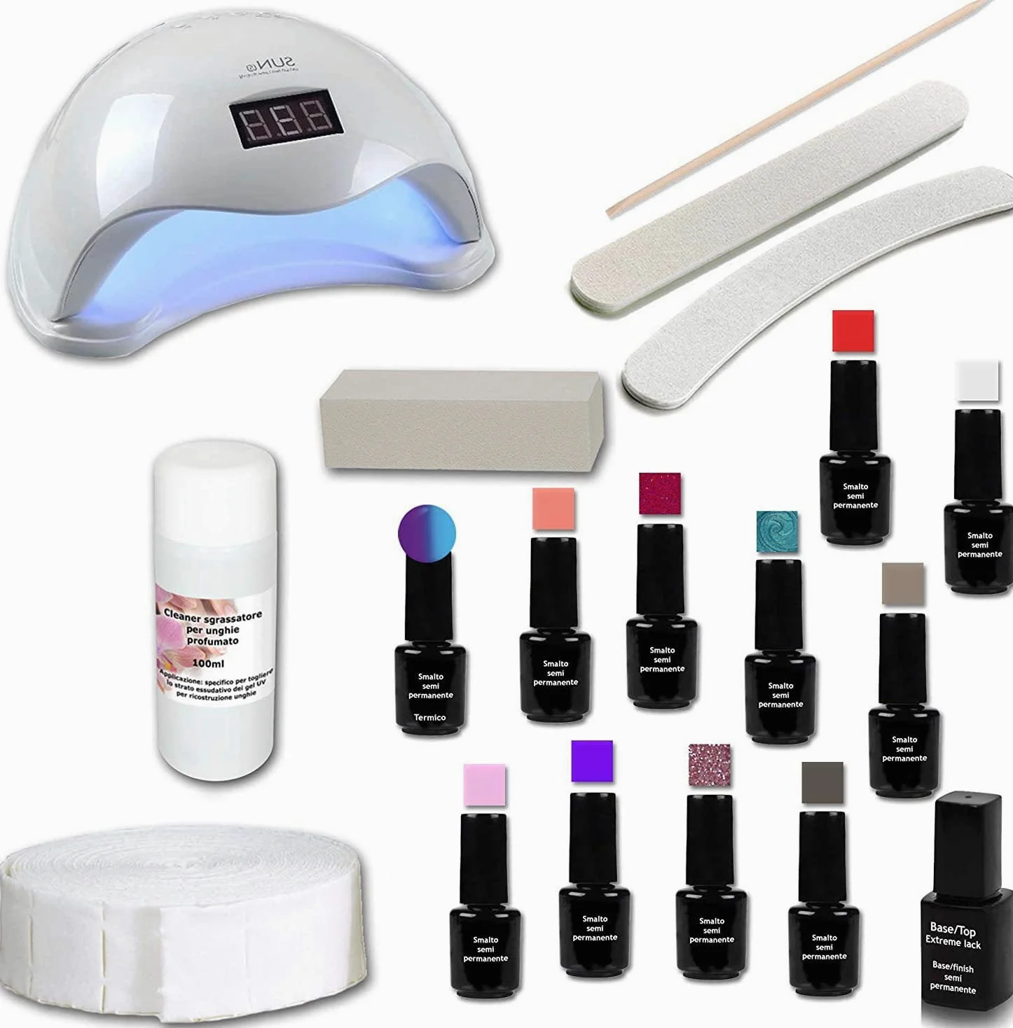 Kit smalto semipermanente 11 colori 5ml + Base/top 12ml ed accessori + Lampada LED/UV 36W