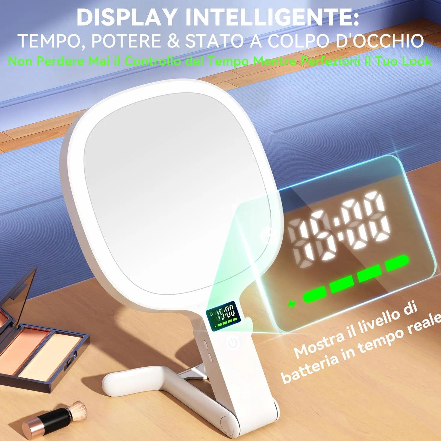Auxmir Specchio Ingranditore Bifacciale 30X/1X con Luci LED 3 Colori Regolabile, Specchio da Tavolo Pieghevole Ricaricabile