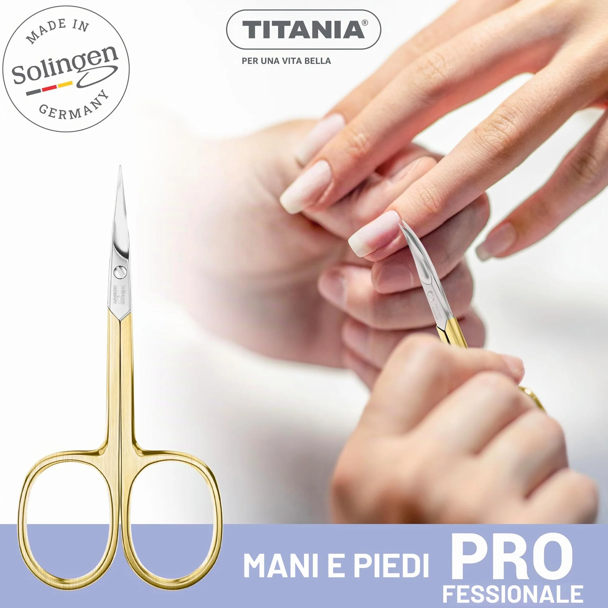 TITANIA Forbici per Cuticole Solingen Punta Sottile Curve Dorate 9,5 cm Acciaio Carbonio Made in Germany