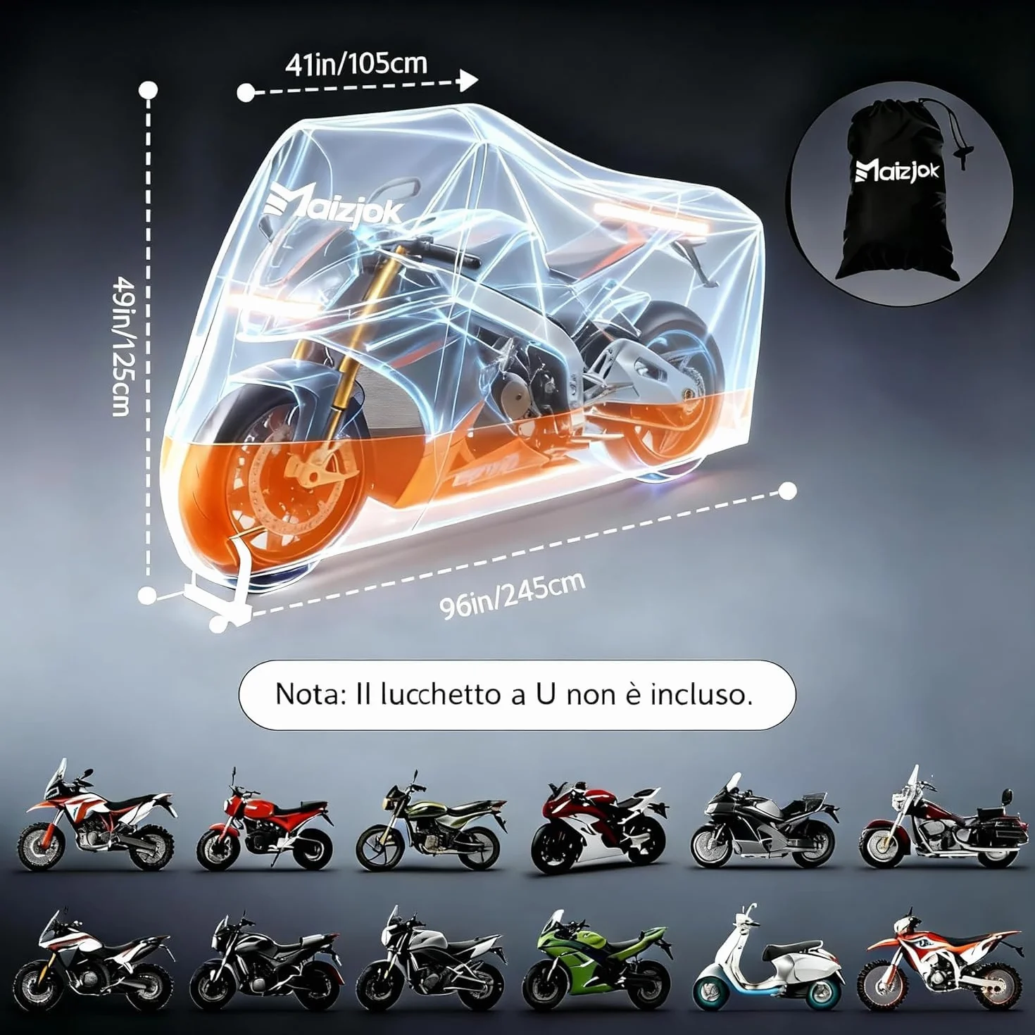 Maizjok® Telo Coprimoto Impermeabile 210D Poliestere per Moto Scooter Motorino 245x105x125cm