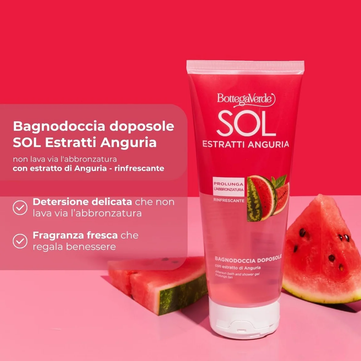 Bottega Verde - SOL Estratti Anguria, Bagnodoccia Doposole, 200 ml, Prolunga l'Abbronzatura, con Estratto di Anguria, Azione Rinfrescante, per Tutti i Tipi di Pelle