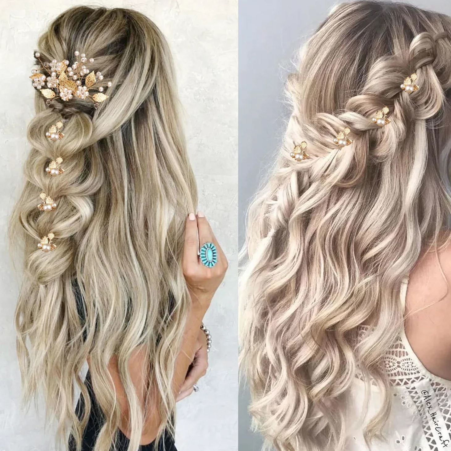 7 forcine per capelli da sposa con foglie dorate e perle per acconciature da sposa e per acconciature da sposa, accessori per capelli per fiori, accessori per capelli per spose damigelle e ragazze