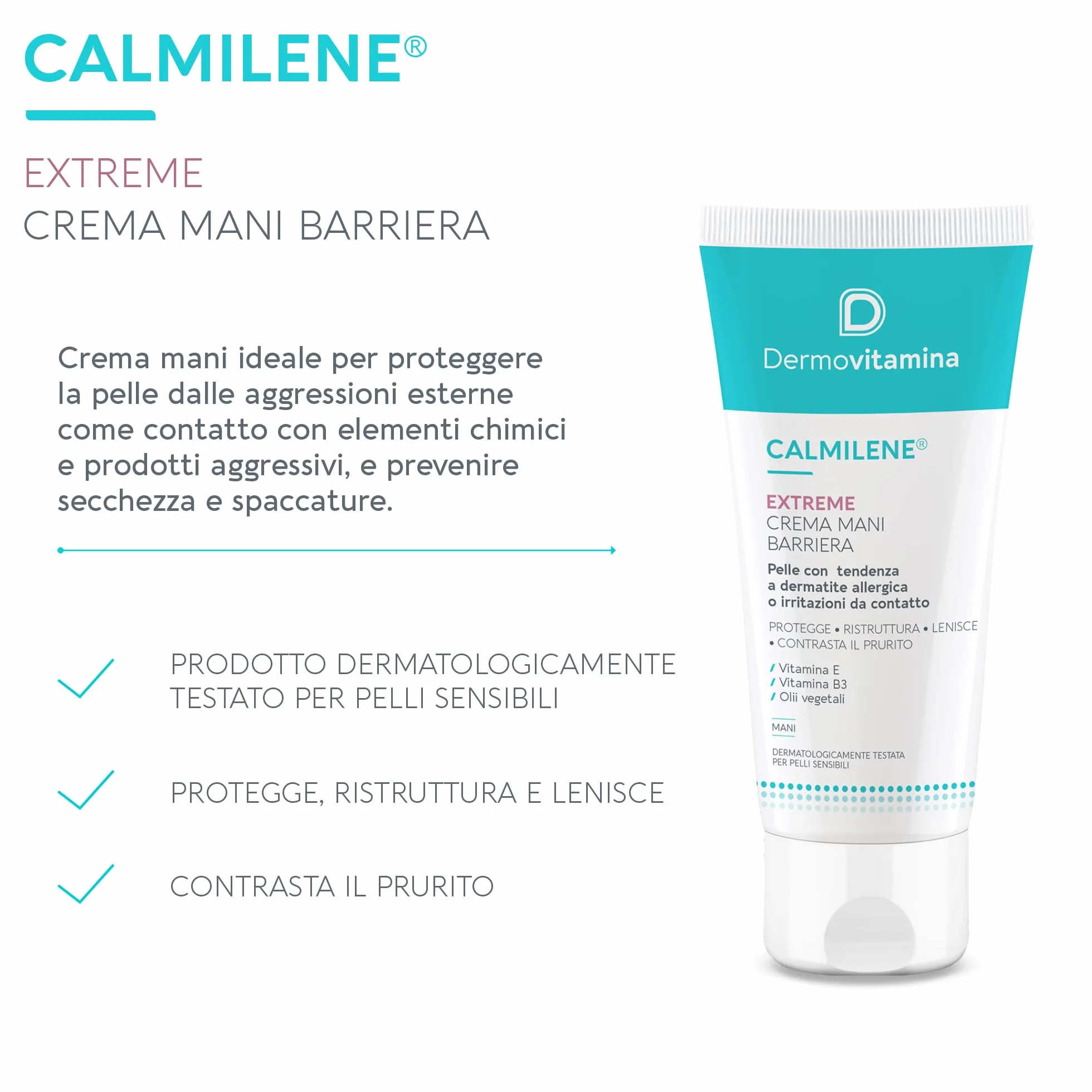 Dermovitamina Calmilene Extreme Crema Mani Barriera - Protezione per Pelle Sensibile e Irritata - Crema Mani Riparatrice - Con Vitamina E, Vitamina B3 e Oli Vegetali - 75ml
