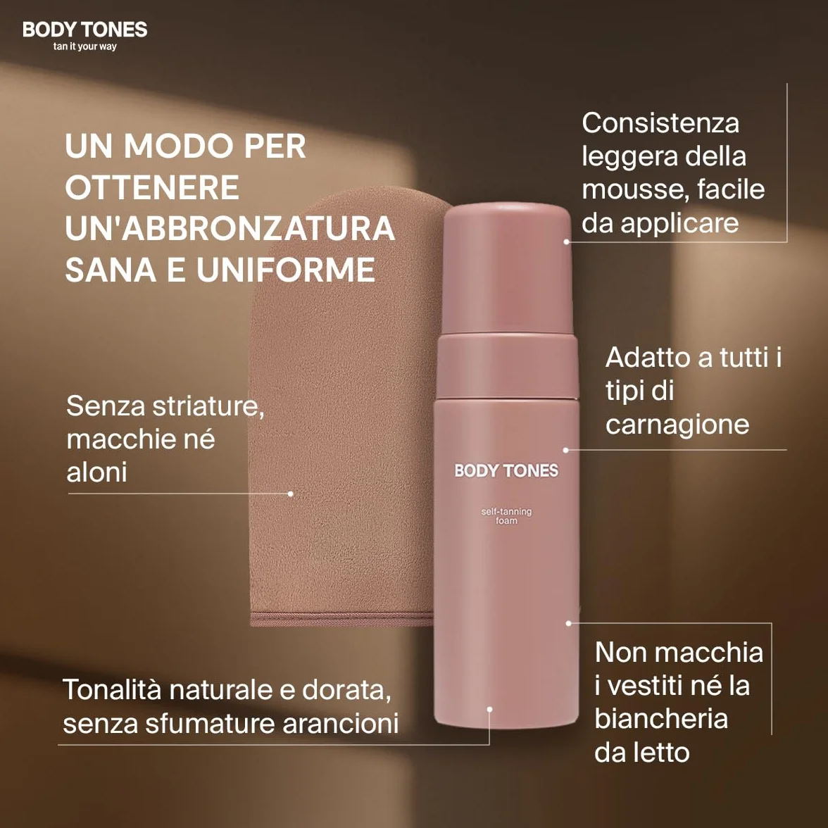 BODY TONES Schiuma Autoabbronzante Set 155 ml con Guanto – Autoabbronzante Corpo, Self Tan Naturale, Mousse Idratante