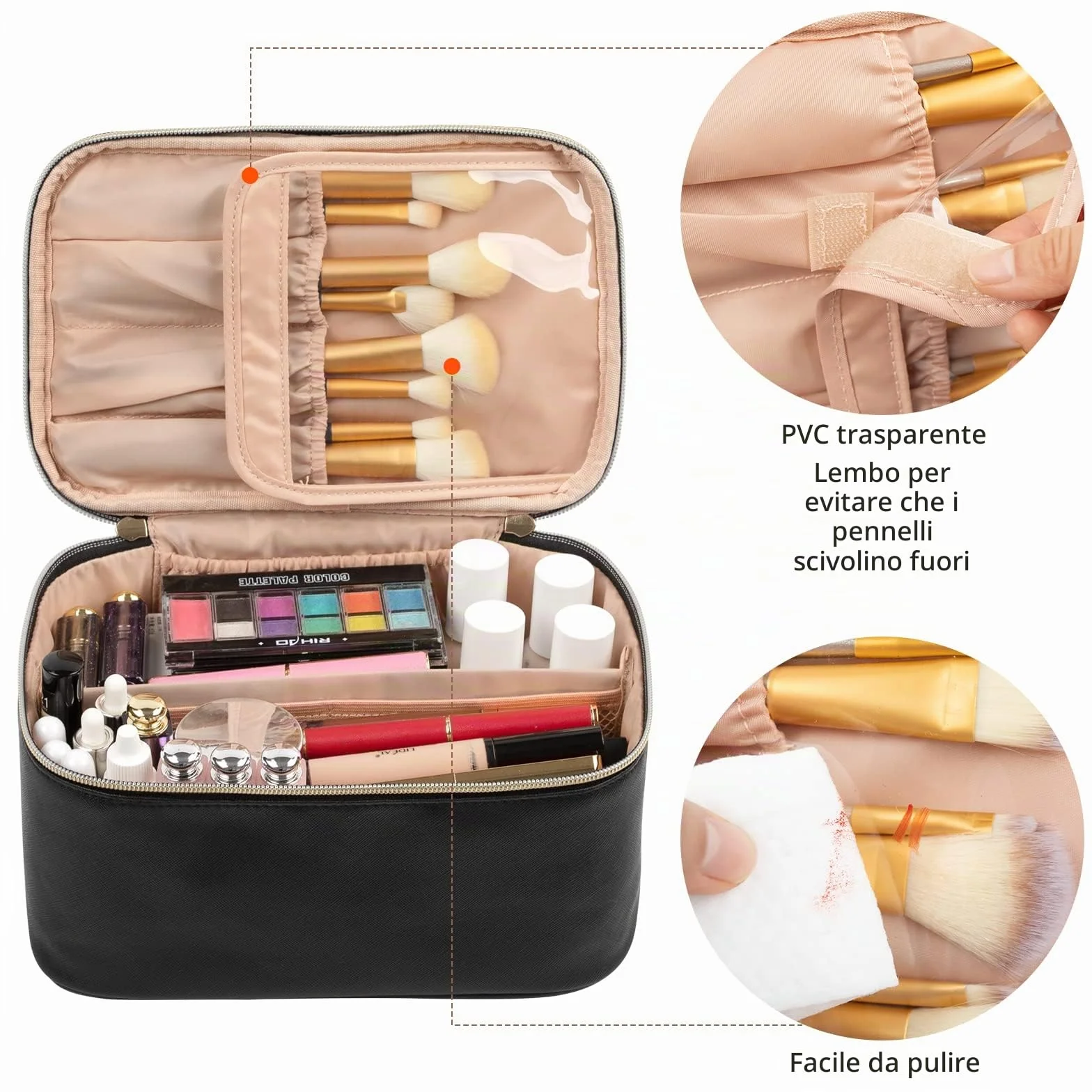 Borsa per il trucco, borsa cosmetica portatile, organizer per il trucco da viaggio, grande capacità, nera per donne, borsa da toeletta per ragazze con manico e divisorio da viaggio, A-Nero, Da viaggio