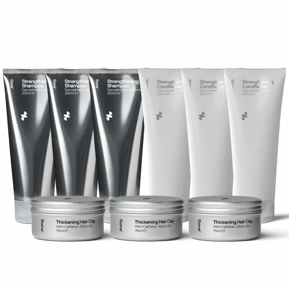 Sons Trattamento Anticaduta e Antidiradamento per Uomo, Include Shampoo e Balsamo con Saw Palmetto e Argilla Ispessente con Caffeina e Biotina, Fornitura 3 Mesi