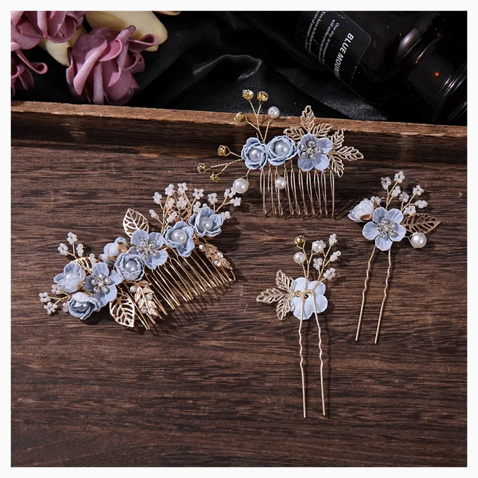 Palillos Para El Pelo Set di 4 pettini for capelli con fiori di cristallo e forcine for capelli, con perle e strass, set di gioielli da sposa, accessori for nozze(Pink)