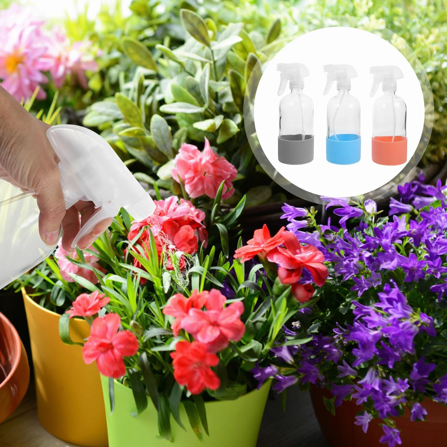 IMIKEYA Bottiglia di vetro con atomizzatore 500 ml Base in silicone antiscivolo trasparente confezione da 3 pezzi rosa blu e grigio riutilizzabile per la pulizia del giardino e il salone