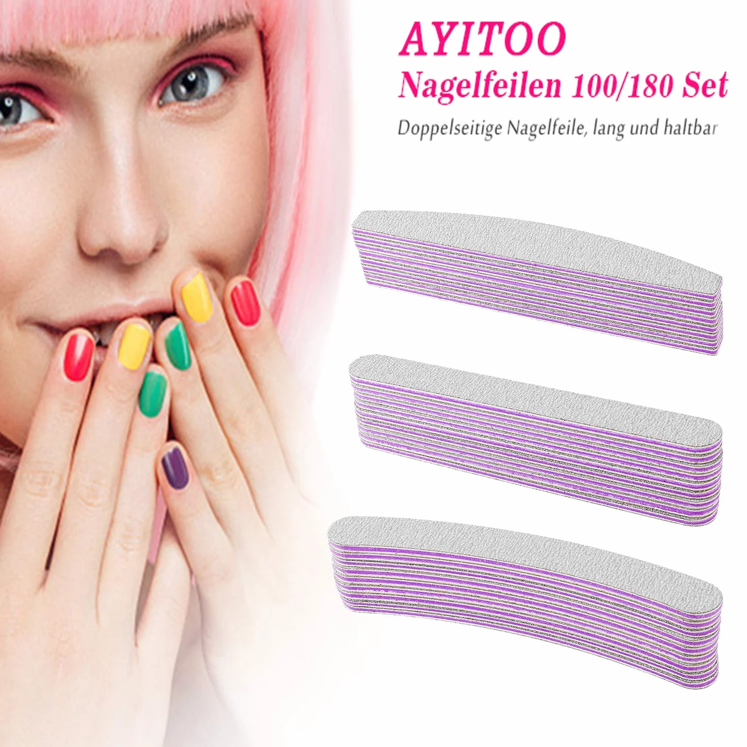 50 Lime per unghie professionali, lime per unghie 100 180, Lima Unghie Gel a Doppio lato per Manicure Nail Art, Carta vetrata Lima Unghie Colore Grigio - Nucleo Viola Forma Diritta