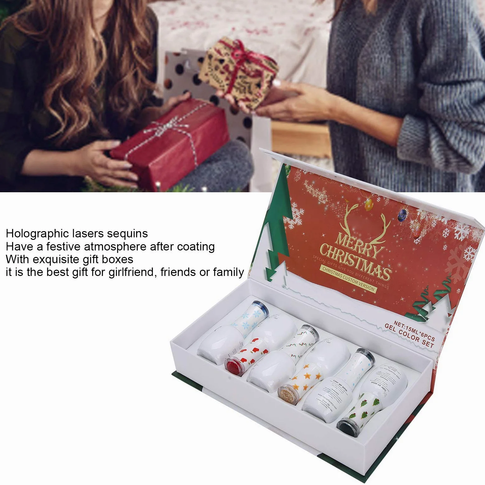 Set di Smalti Gel UV per Unghie, Kit per Manicure Soak Off con | Ingredienti Non Tossici, Sicuro per le Unghie Naturali, Finitura Glitterata Olografica, Flacone 15 Ml, Confezione Regalo,