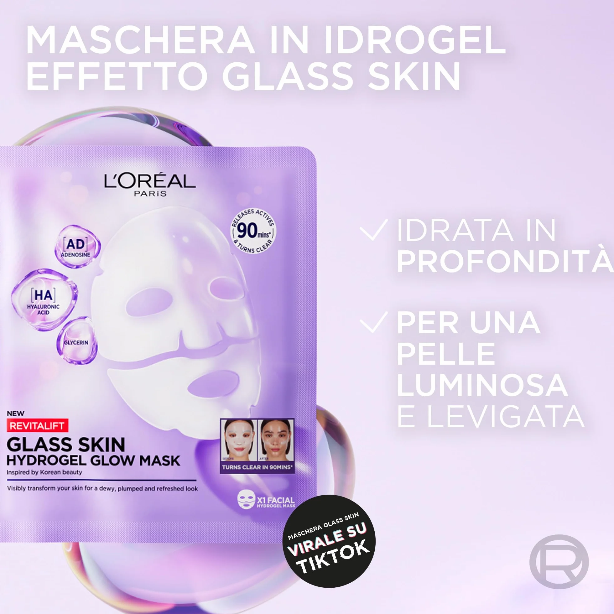 L'Oréal Paris Glass Skin Maschera in Idrogel, Per Tutti i Tipi di Pelle, Pelle Luminosa e Radiosa, Risultati Istantanei, Trend Coreana, Con Acido Ialuronico e Centella Asiatica, Revitalift, 1x37gr