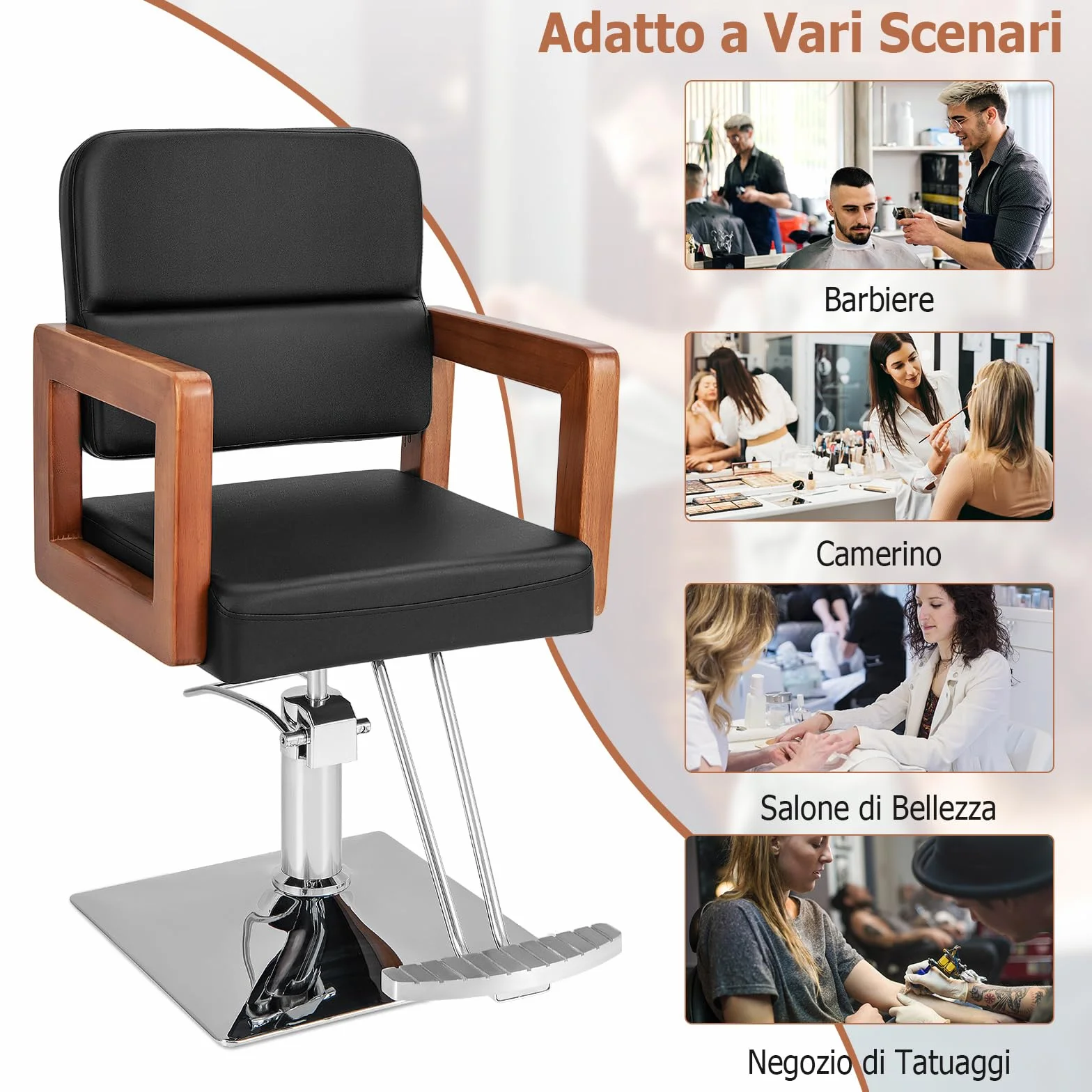 COSTWAY Poltrona da Barbiere, Sedia da Barbiere Girevole a 360°, Regolabile in Altezza 50-65 cm, con Braccioli in Legno Massello, Portata 250 kg