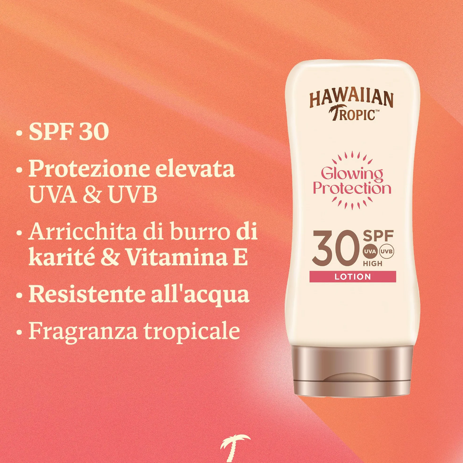 Hawaiian Tropic | Glowing Protection Lozione Solare SPF30, Protezione UVA + UVB, 180 ml, Profumazione Tropicale, con Burro di Karité, Resistente all'Acqua, Vegano