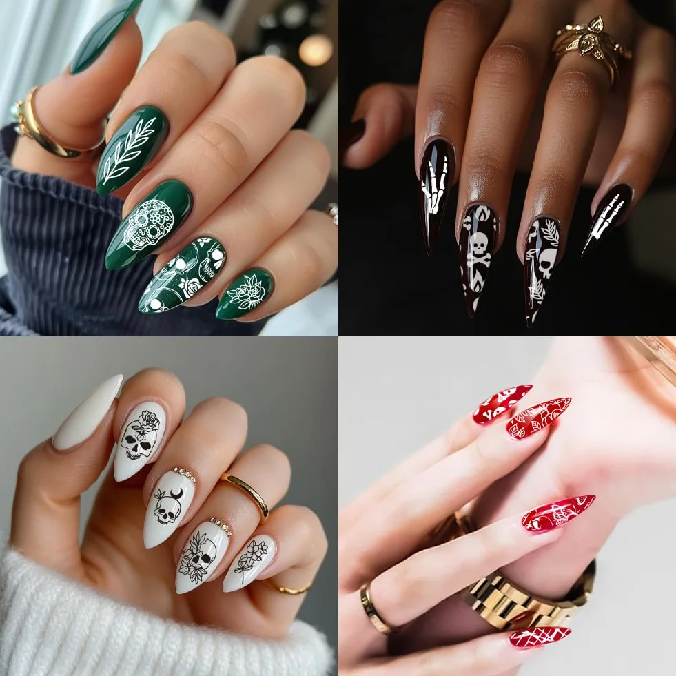 PH PandaHall 3 pz Timbro per Unghie con Teschio Gotico, 58 Modelli Scheletro Orrore Fiore Piastra per Stampaggio Unghie per Nail Design Stampa Manicure Salone Halloween