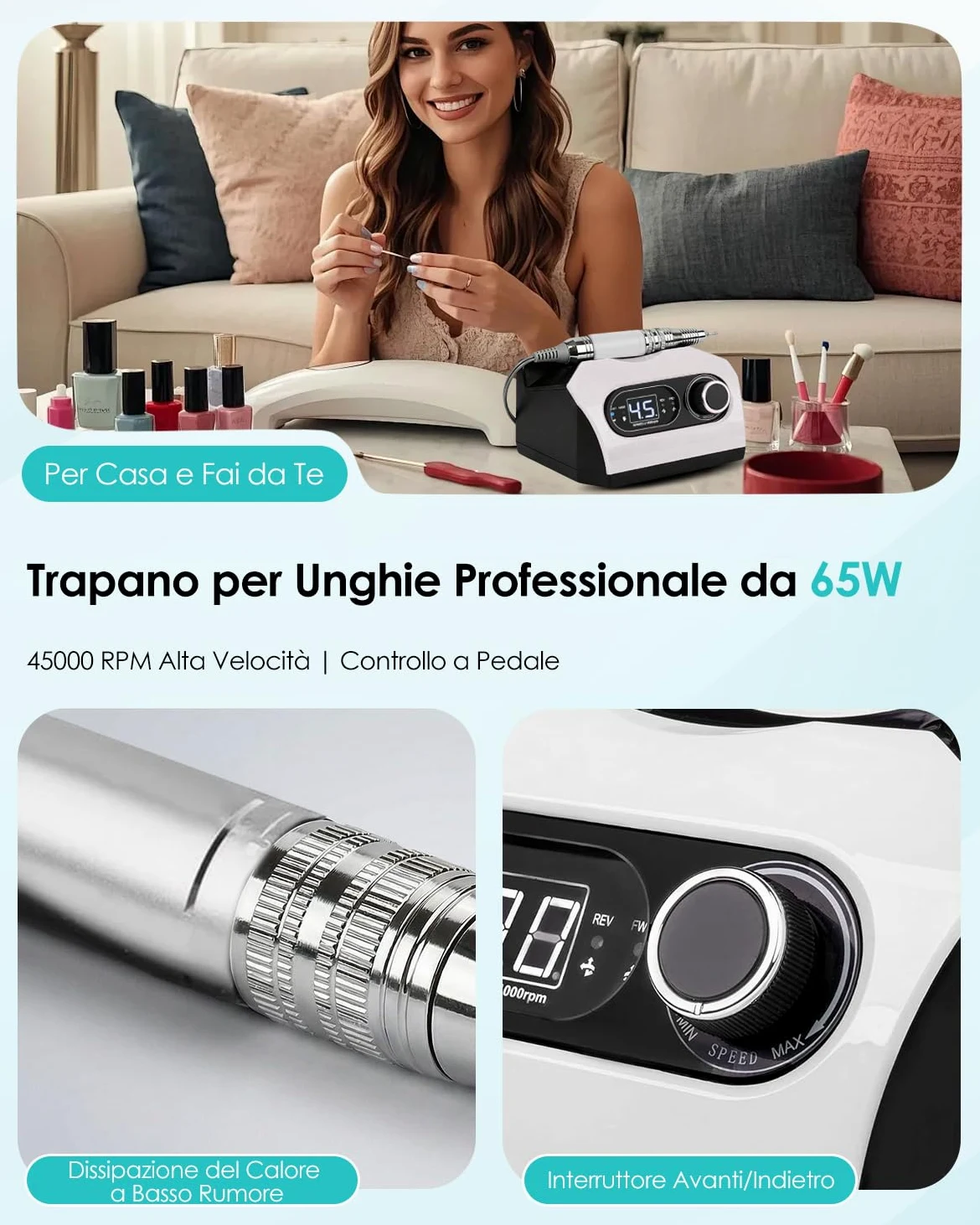 CozyZen Lima per Unghie Elettrica, Trapano Professionale a Filo con 35.000 RPM, Pedale, 6 Frese, Display LED e Controllo Velocità per Casa e Salon（Bianco）