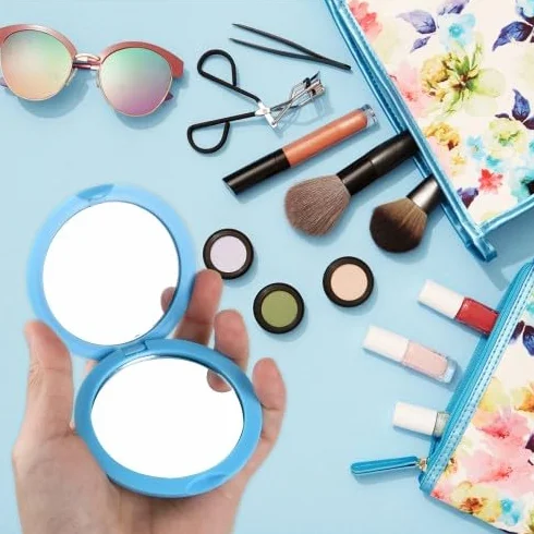 Set di 4 Specchietti da Borsetta a Doppia Faccia in Colori Tenui Azzurro, Viola Chiaro, Bianco, Rosa