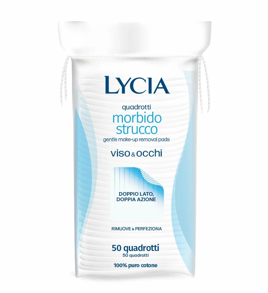 Lycia, Quadrotti Struccanti Viso e Occhi, Tessuto Morbido in 100% Puro Cotone, Doppia Azione con Trame Diverse per Rimuovere il Trucco e Perfezionare la Detersione, Confezione 80 Dischetti