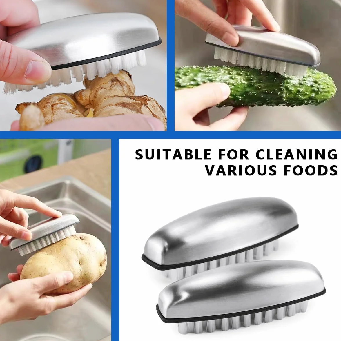 Spazzolino per Unghie Mani Inox 4 Pezzi Kit, Spazzola Setole Dure Lavaggio 2 in 1