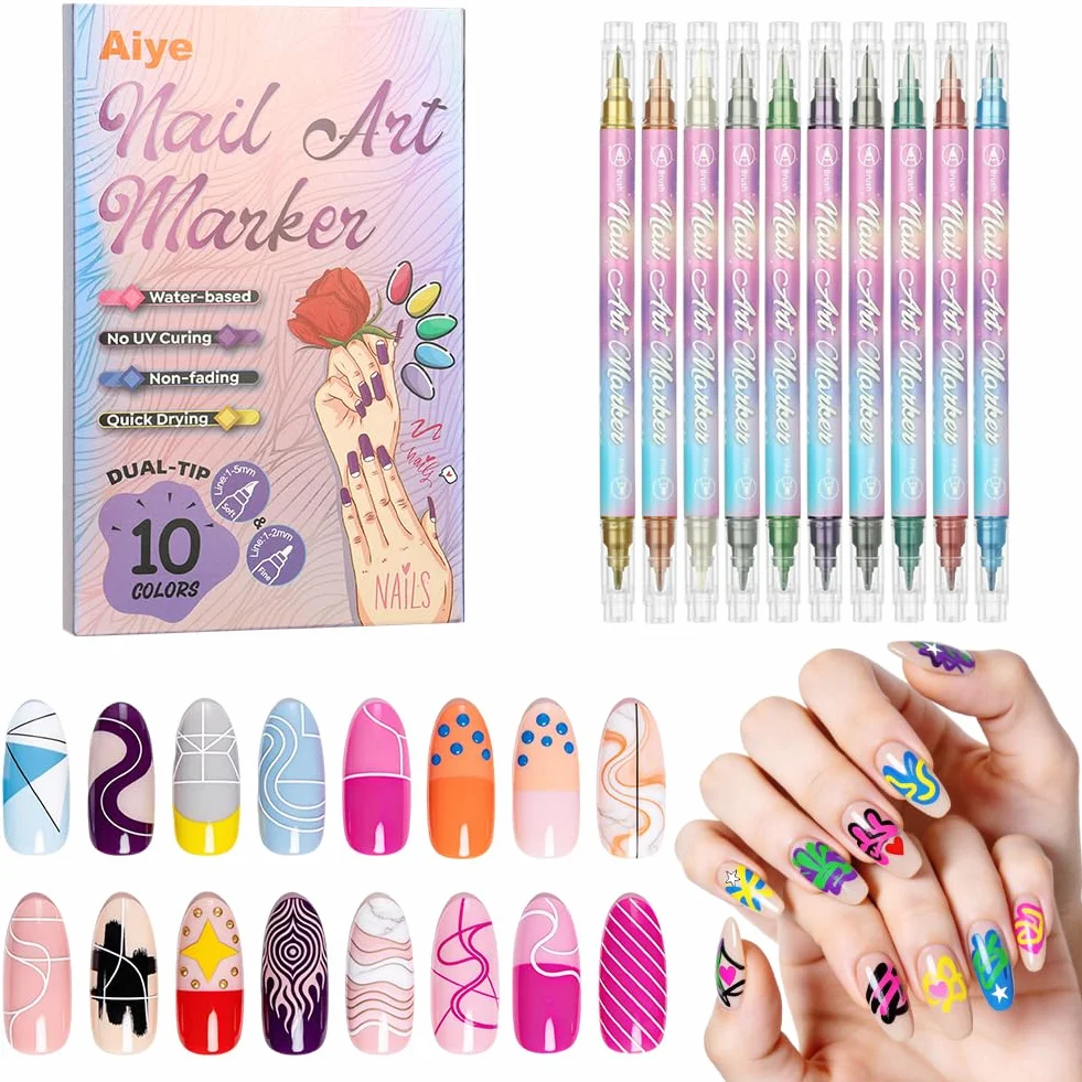 AOOWU Penne per Nail Art, 10 Penne Smalto per Unghie Nail Art, Smalto in Penna per Pittura Decorazioni Unghie per Disegno, Penna per Fai Da te Graffiti Pen Manicure Strumenti Bellezza（Bicefalo）