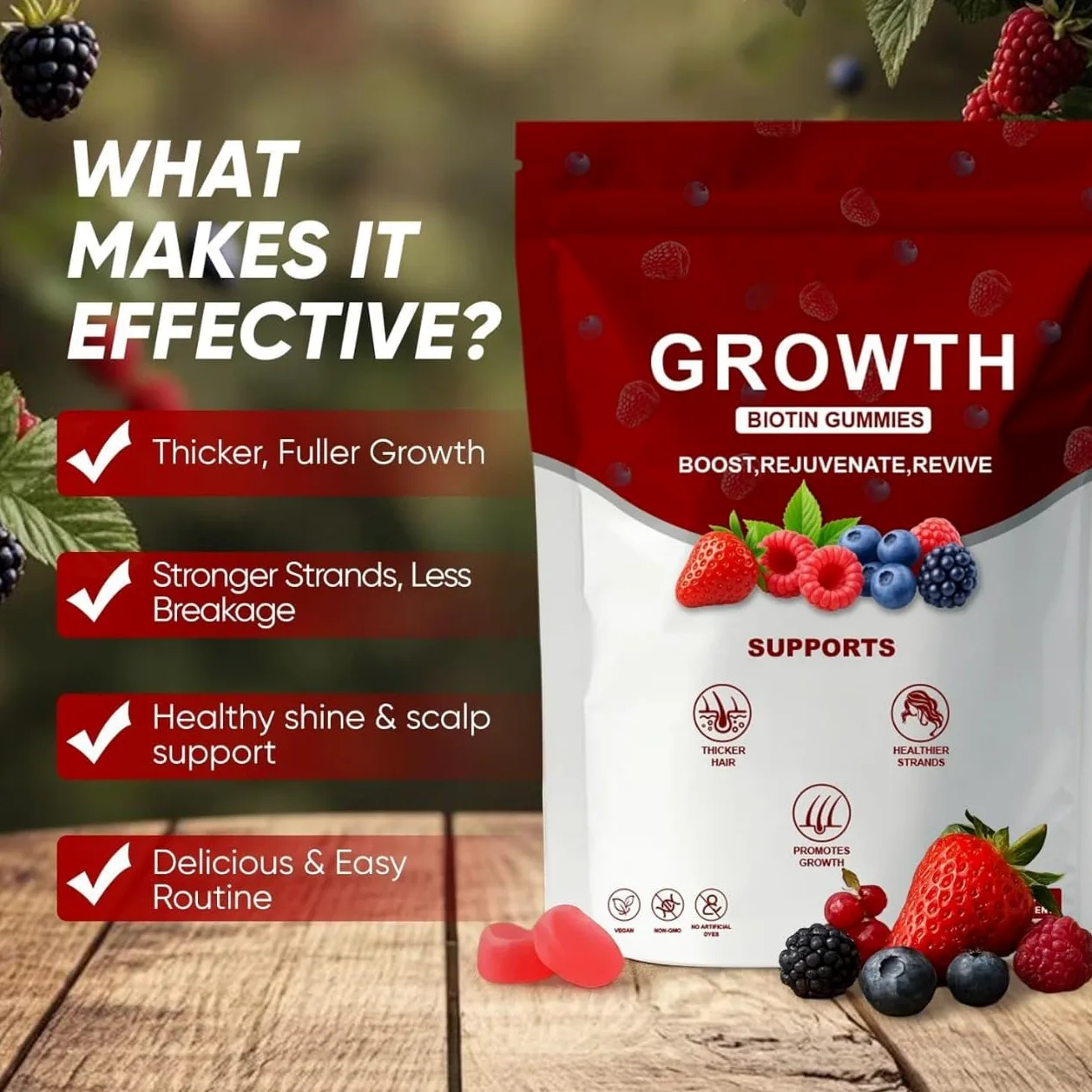 Gummies per Crescita Capelli con Biotina, Collagene & Estratti Vegetali | Supportano la Forza dei Capelli, la Salute della Pelle & delle Unghie, Senza OGM