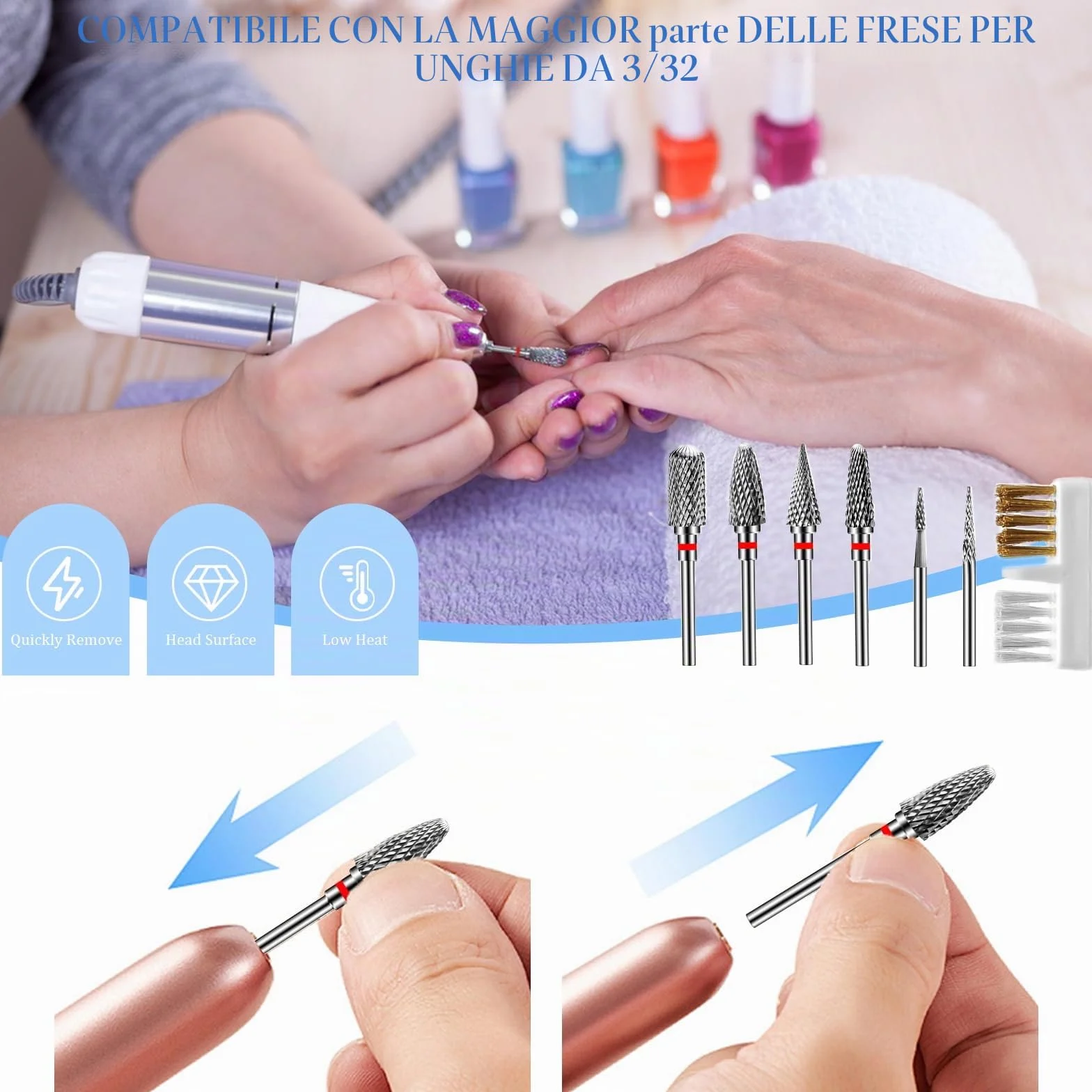 Punte Fresa Unghie in Carburo di Tungsteno 6 Pezzi 3/32 Pollici per Manicure Pedicure Rimozione Gel