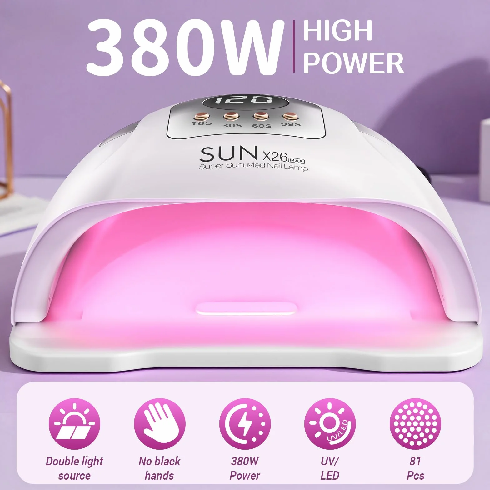 380W UV LED Lamp per Unghie, con 81 Perle/4 Impostazioni Temporali, Asciugatrice LED per Gel Vernice con Sensore Automatico, Display LED, Lampada UV Portatile con Maniglia per Unghie in Gel