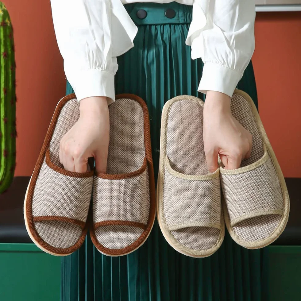 Set di 6 paia di pantofole in lino, per ospiti, con punta aperta, pantofole da bagno, antiscivolo, lavabili