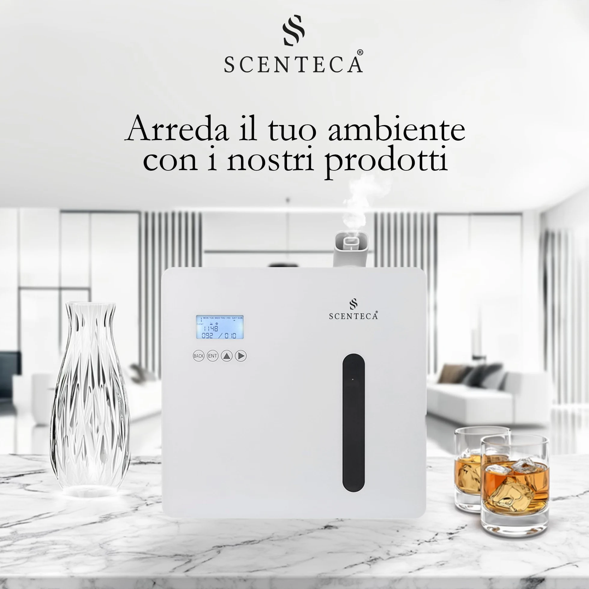 SCENTECA Diffusore elettrico Mod. AD-P7 di oli essenziali a nebulizzazione, con fragranza Tè Bianco e Fiori di Primavera inclusa, copre fino a 300 mq, per casa e ufficio (100 ml)