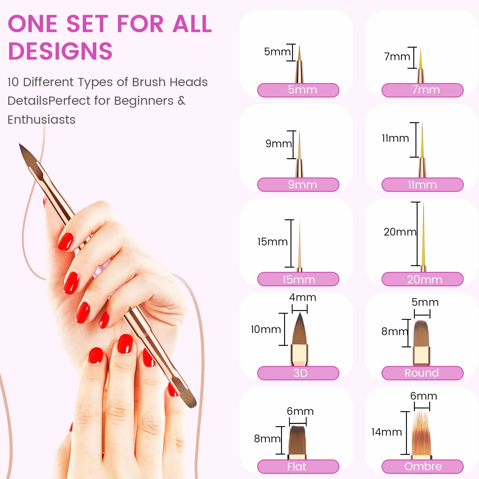 5 Pennelli Unghie Gel, Set Pennelli Per Nail Art e Disegni Unghie, Doppia Faccia Pennello Per Gel Unghie Ricostruzione, Smalto UV, Ombré, Pennelli Liner Con Coperture Protettive, Viola