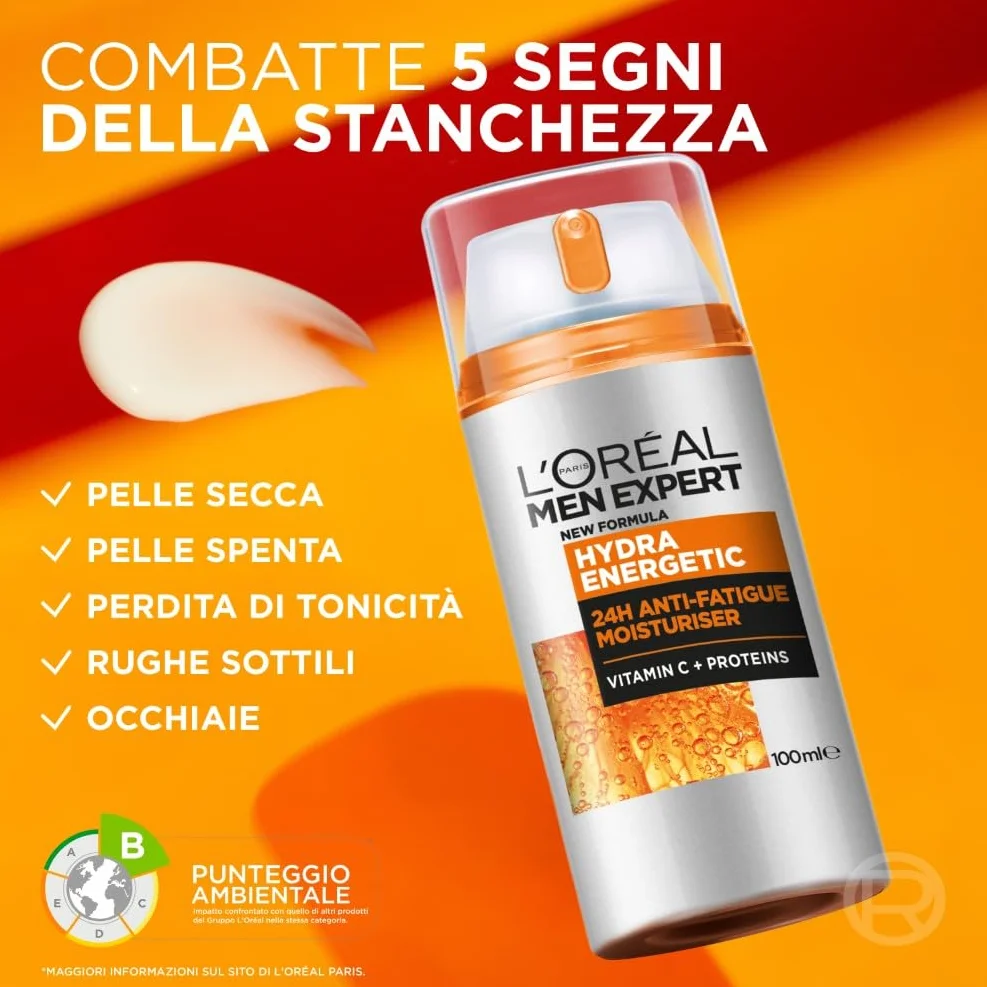 L'Oréal Paris Men Expert Crema Idratante Anti-Fatica Uomo, Pelle Rivitalizzata, Levigata e Idratata, Occhiaie e Rughe Sottili Ridotte, Arricchita con Proteine e Vitamina C, Hydra Energetic, 100 ml