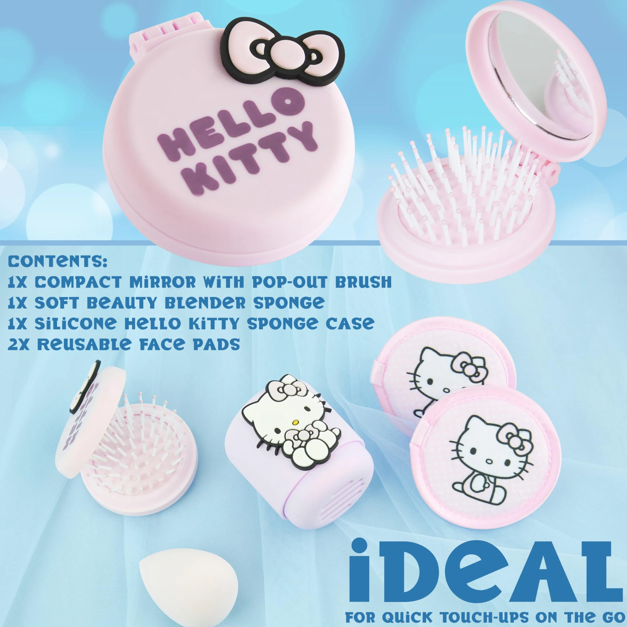 Hello Kitty Sanrio Set Beauty Ragazza, Mini Spazzola Capelli con Specchio, Spugnetta Trucco, Lavabile Dischetti Struccanti, Regali per Lei