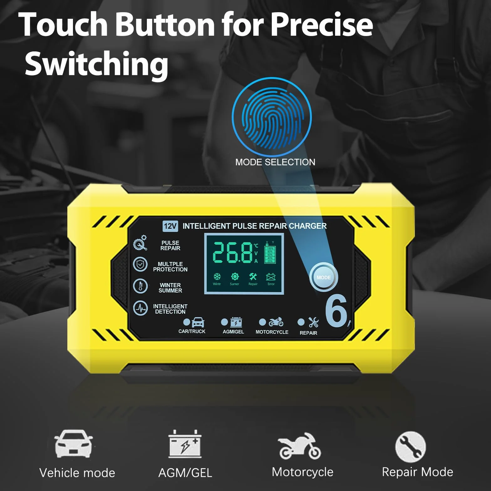 Carica Batteria per Auto 12V 6A Caricabatterie Intelligente con Schermo LCD Touch Screen Rilevamento Automatico Riparazione Manutenzione