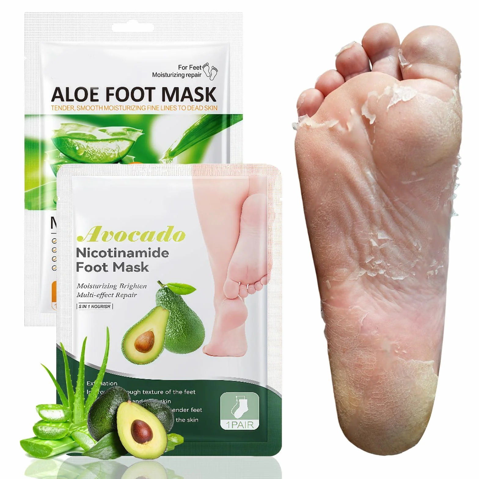 2 Paia Maschera Piedi Esfoliante, Rimuove Pelle Morta Ripara Talloni, Maschera idratante i piedi una pelle liscia per uomini e donne (Aloe Vera + Avocado)