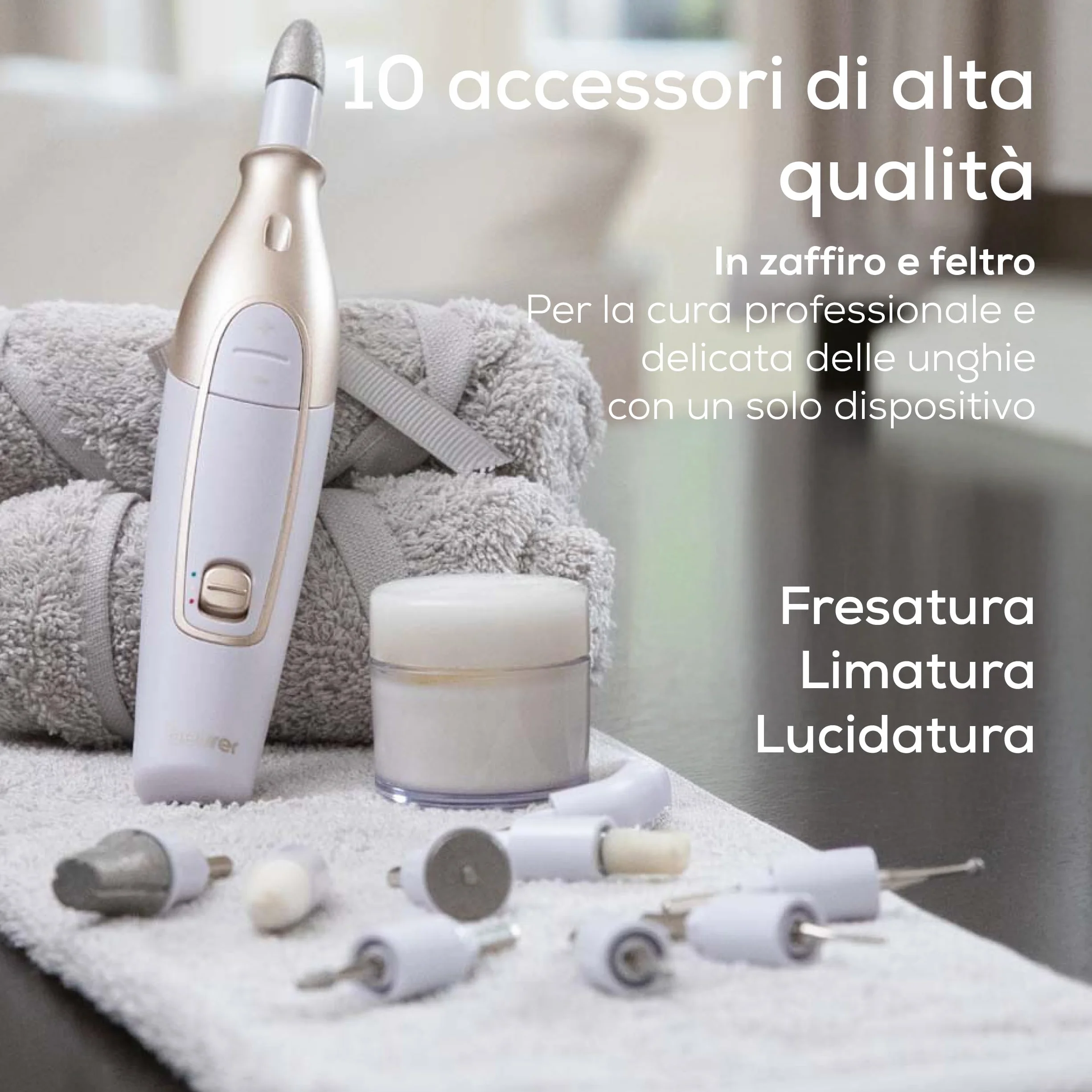Beurer MP 64 Fresa per Unghie Professionale, 10 Accessori, 4.400 giri/min, Luce LED, Bianco e Oro