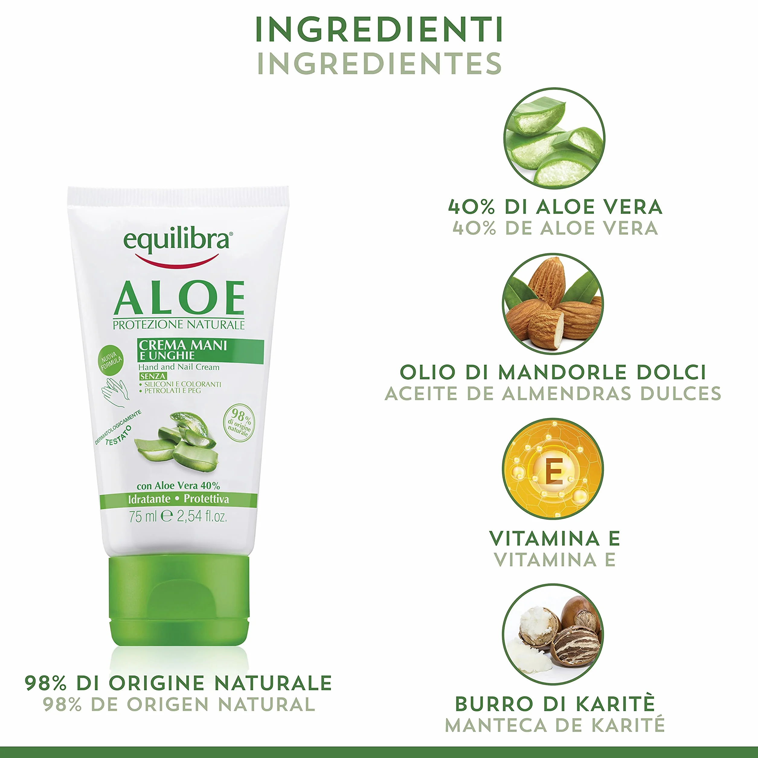 equilibra Corpo, Aloe Crema Mani e Unghie, Crema Mani a Base di Aloe Vera, Svolge un'Azione Idratante, Lenitiva, Protettiva e Riequilibrante sulla Pelle, Rapido Assorbimento, 75 ml