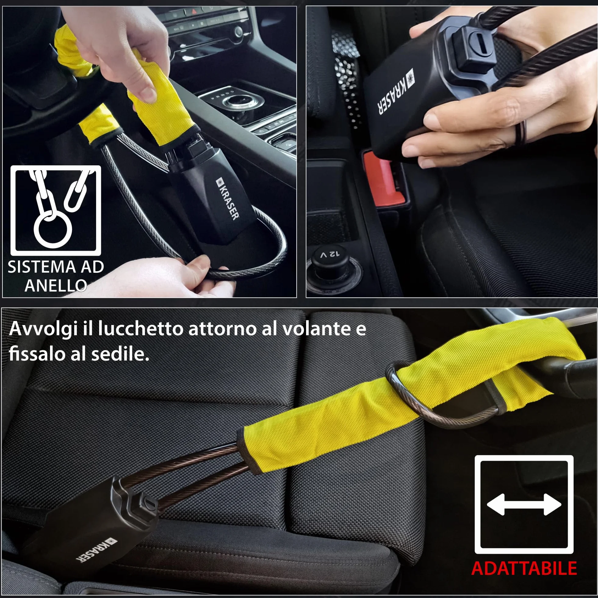 KRASER KR882Y Antifurto Auto Blocca Volante Cintura Alta Sicurezza Cavo Acciaio Universale