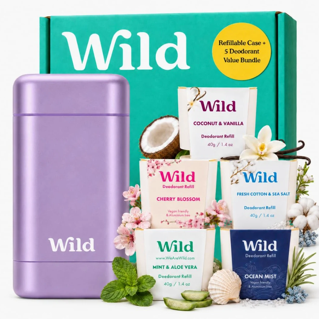 Wild - Deodorante Naturale Ricaricabile - Astuccio Viola con Varie Ricariche - Incluse Cotton & Sea Salt, Cherry Blossom, Coconut & Vanilla, Mint & Aloe Vera, Ocean Mist